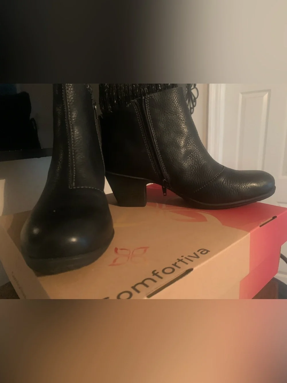 Comfortiva Black Leather Ankle Boot with Knit Collar